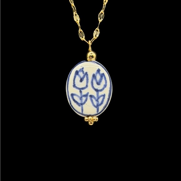 Blue and White Floral Ceramic Pendant on Stainless Steel Necklace - Picture 6 of 13